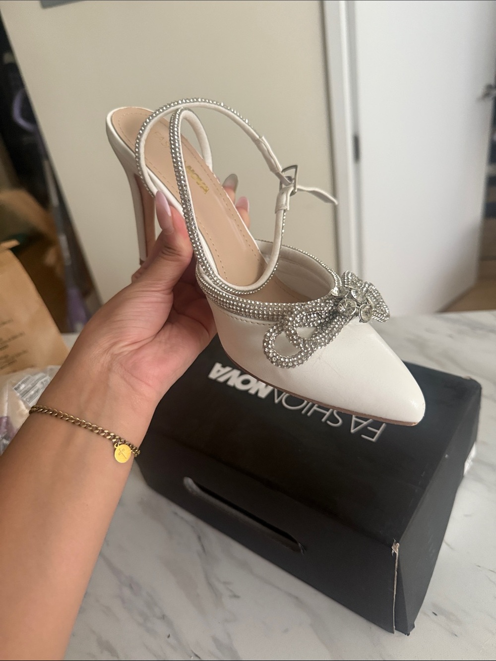 Fashion Nova Embellished White Pointed Toe Ankle Strap Pump- ONLY WORN ONCE